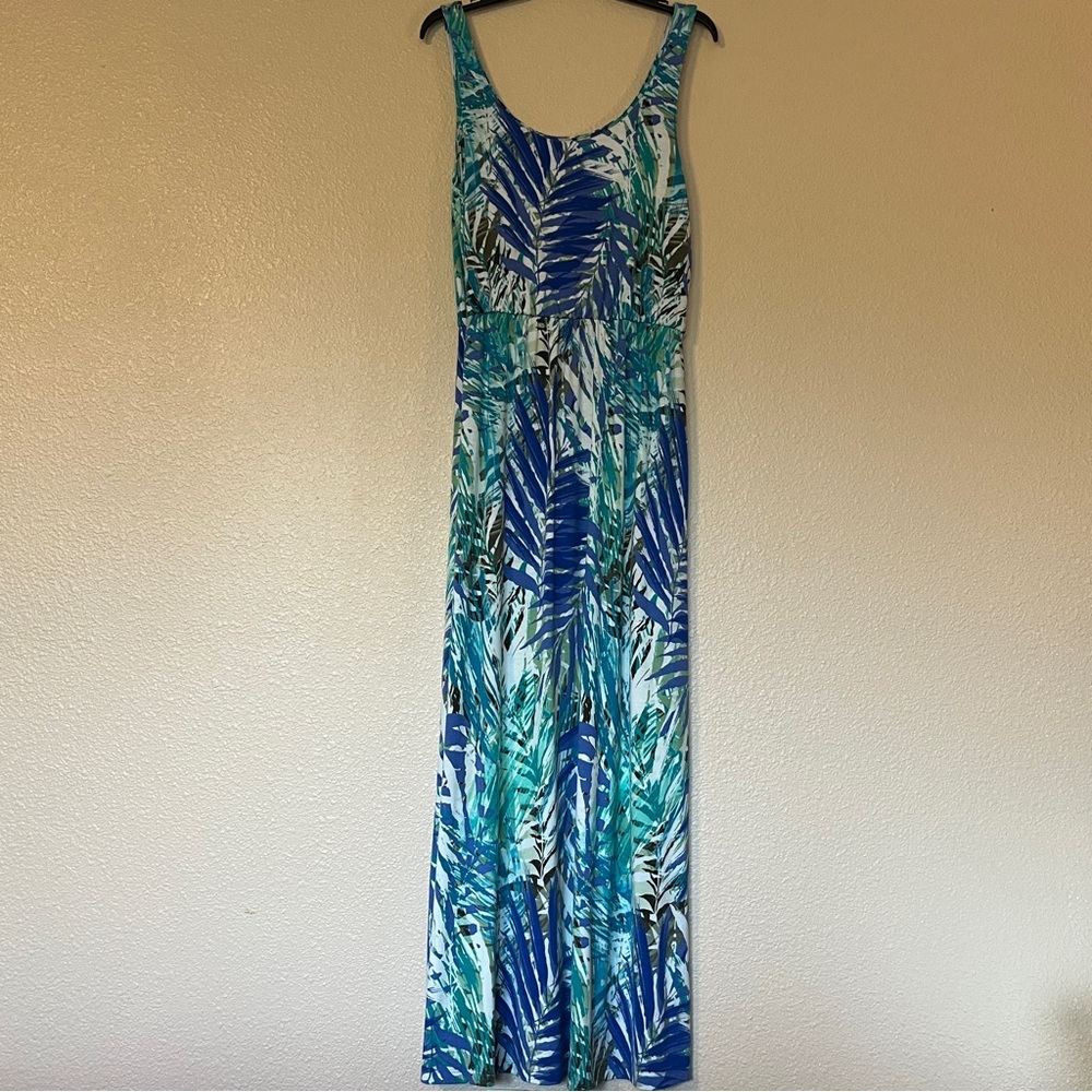 Sonoma M Blue and Green Tropical Print Sleeveless Maxi Dress